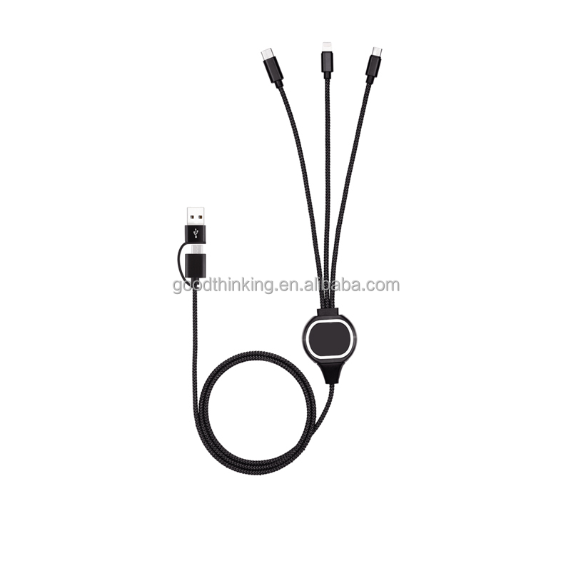 Fast charge cable 1 meter   With LED light USB C multi usb charger cable aluminum nylon 3 in 1
