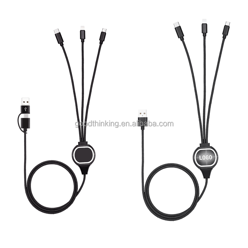 Fast charge cable 1 meter   With LED light USB C multi usb charger cable aluminum nylon 3 in 1