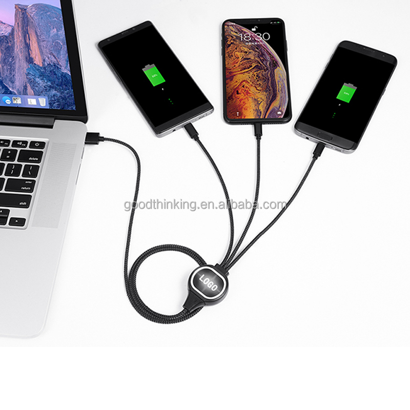Fast charge cable 1 meter   With LED light USB C multi usb charger cable aluminum nylon 3 in 1