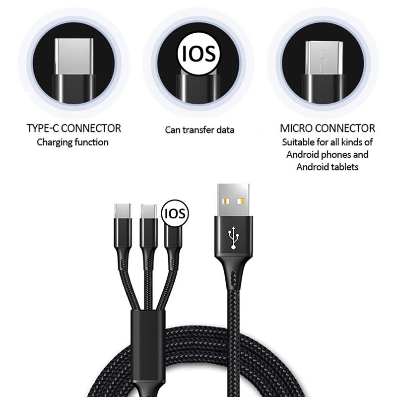  Cheapest Price with best quality Android Mobile Phone Nylon Multi Charger Light Micro Type C 3 In 1 Usb Charging