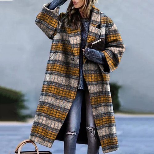 New Lapel Vintage Pattern Coat Jacket Winter Warmth Slim Long-sleeved Jacket Autumn Women Office Commuter All-match Coat