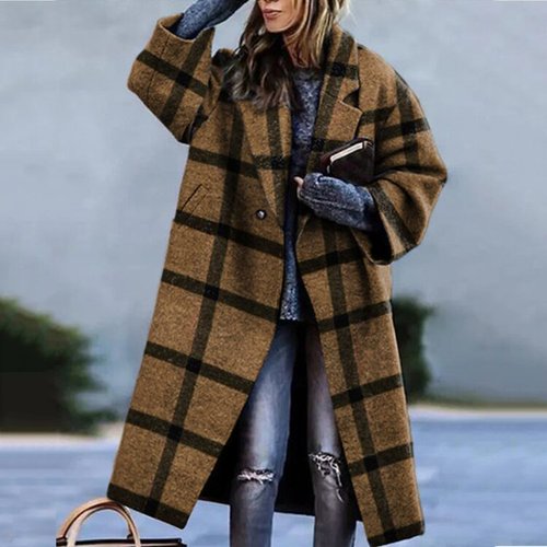 New Lapel Vintage Pattern Coat Jacket Winter Warmth Slim Long-sleeved Jacket Autumn Women Office Commuter All-match Coat