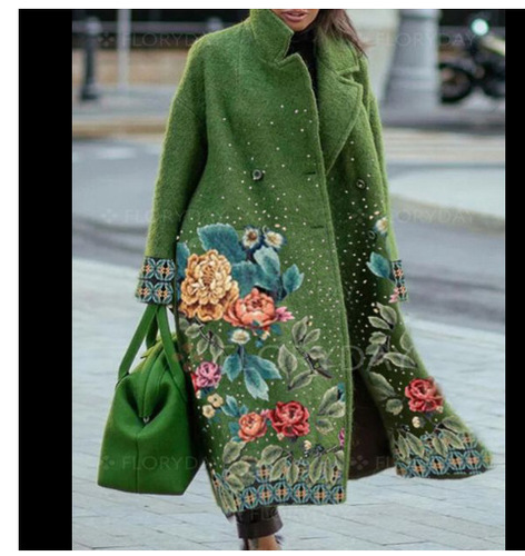 New Lapel Vintage Pattern Coat Jacket Winter Warmth Slim Long-sleeved Jacket Autumn Women Office Commuter All-match Coat