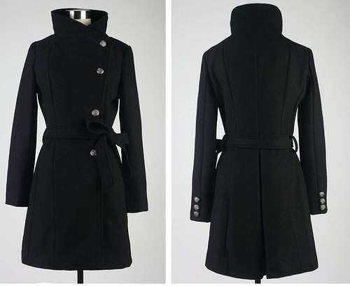 New women's long belt woollen overcoat slim collar woollen wind coat