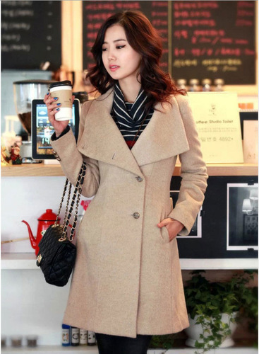New women's long belt woollen overcoat slim collar woollen wind coat