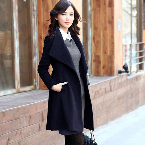 New women's long belt woollen overcoat slim collar woollen wind coat