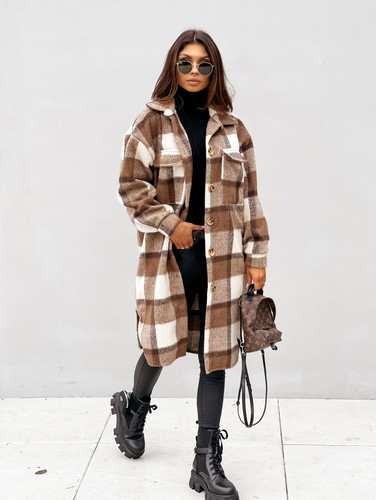 Women Casual Brushed Wool Flap Long Sleeve Coat With Pocket Lapel Single Button Long Plaid Shirt Coats For Ladies