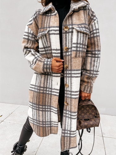 Women Casual Brushed Wool Flap Long Sleeve Coat With Pocket Lapel Single Button Long Plaid Shirt Coats For Ladies