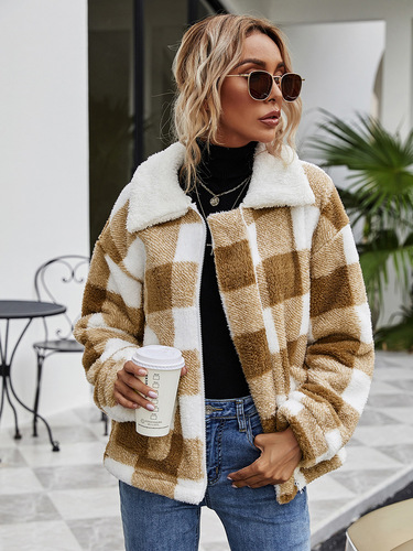 Fleece Zipper Womens Sherpa Lapel Long Sleeve Plaid Flannel Wool Coat For Women With Pocket