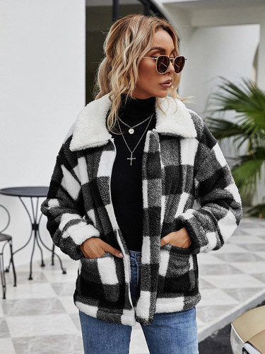 Fleece Zipper Womens Sherpa Lapel Long Sleeve Plaid Flannel Wool Coat For Women With Pocket