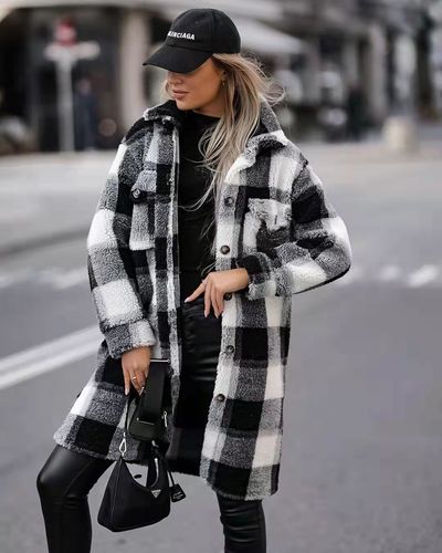 2021 Fashion Winter Outwear Women Clothing Pocketed Grid Pattern Overcoat Knit Cardigan Long Trench Coat