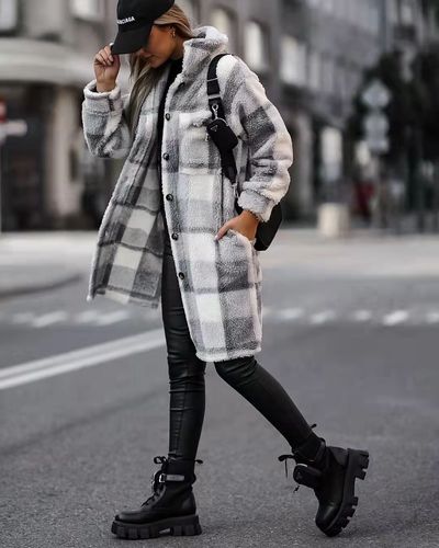 2021 Fashion Winter Outwear Women Clothing Pocketed Grid Pattern Overcoat Knit Cardigan Long Trench Coat