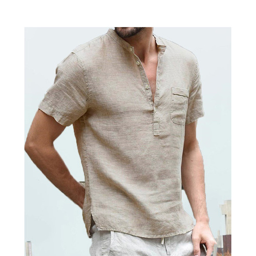 Mens New Casual Short Sleeve Summer Linen Cotton Shirts Men  Pullover Fashion Shirt Tops   Label