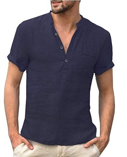 Mens New Casual Short Sleeve Summer Linen Cotton Shirts Men  Pullover Fashion Shirt Tops   Label