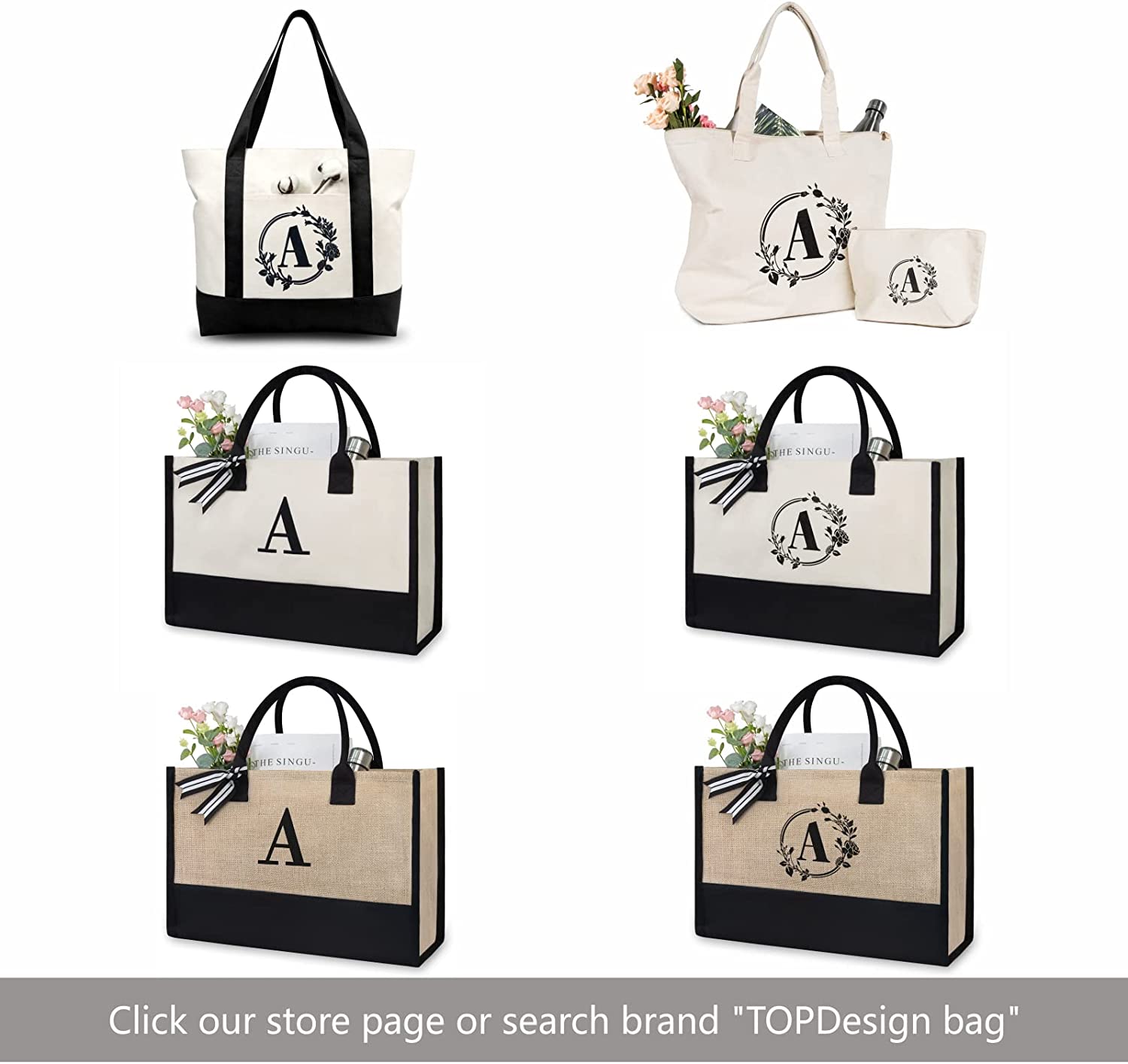 Prompt Goods  Classic Black and White Initial Canvas Tote Shoulder Bags 100% Cotton Made For Women