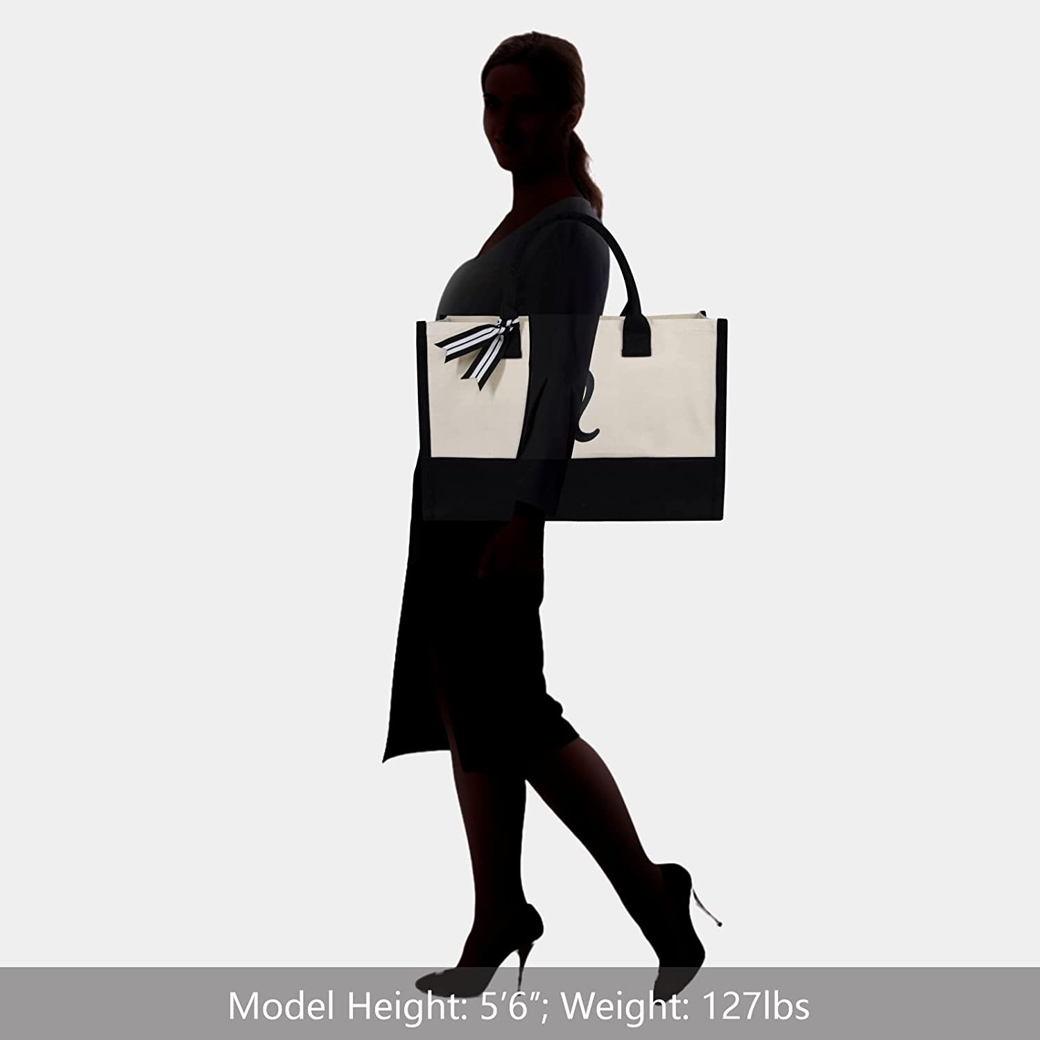 Prompt Goods  Classic Black and White Initial Canvas Tote Shoulder Bags 100% Cotton Made For Women