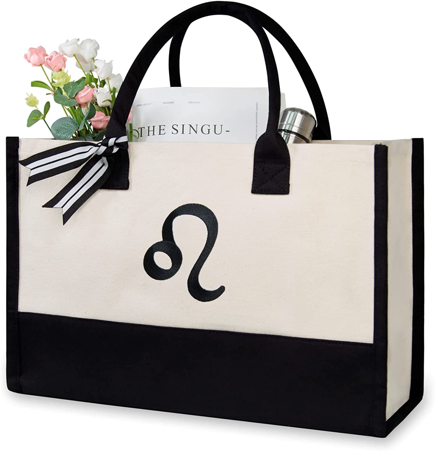 Prompt Goods  Classic Black and White Initial Canvas Tote Shoulder Bags 100% Cotton Made For Women