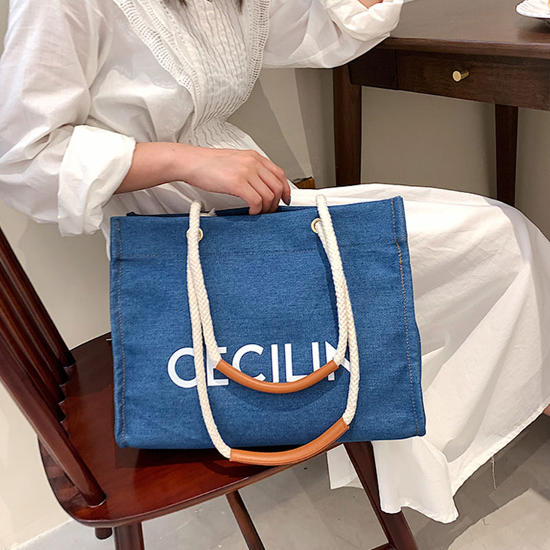 High Quality Bule Organic Cotton Tote Bag Canvas Shopping Bag For Women
