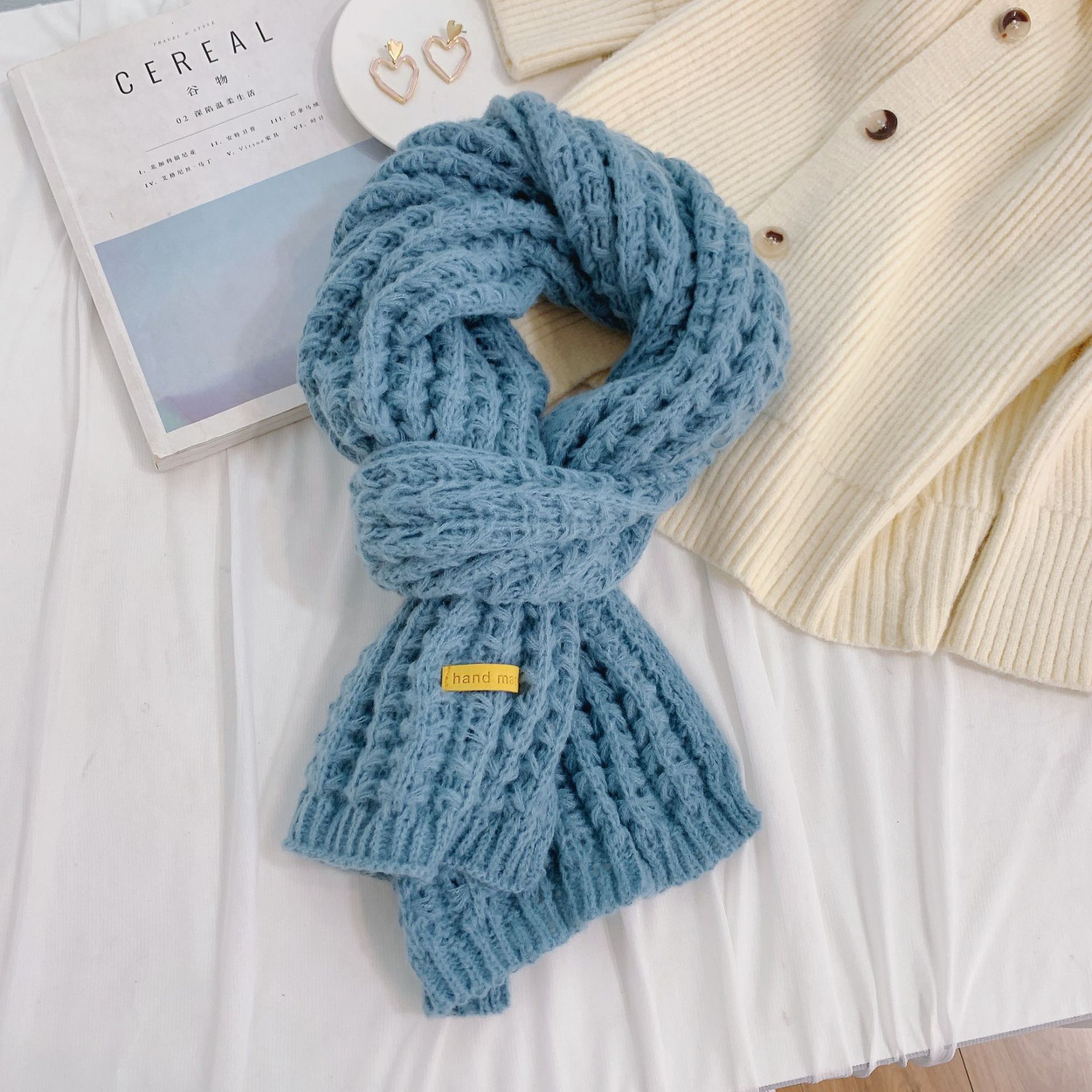 Winter Solid Color Handmade Warm Soft Chunky Shawl Warm Knit Cotton Women's Scarf