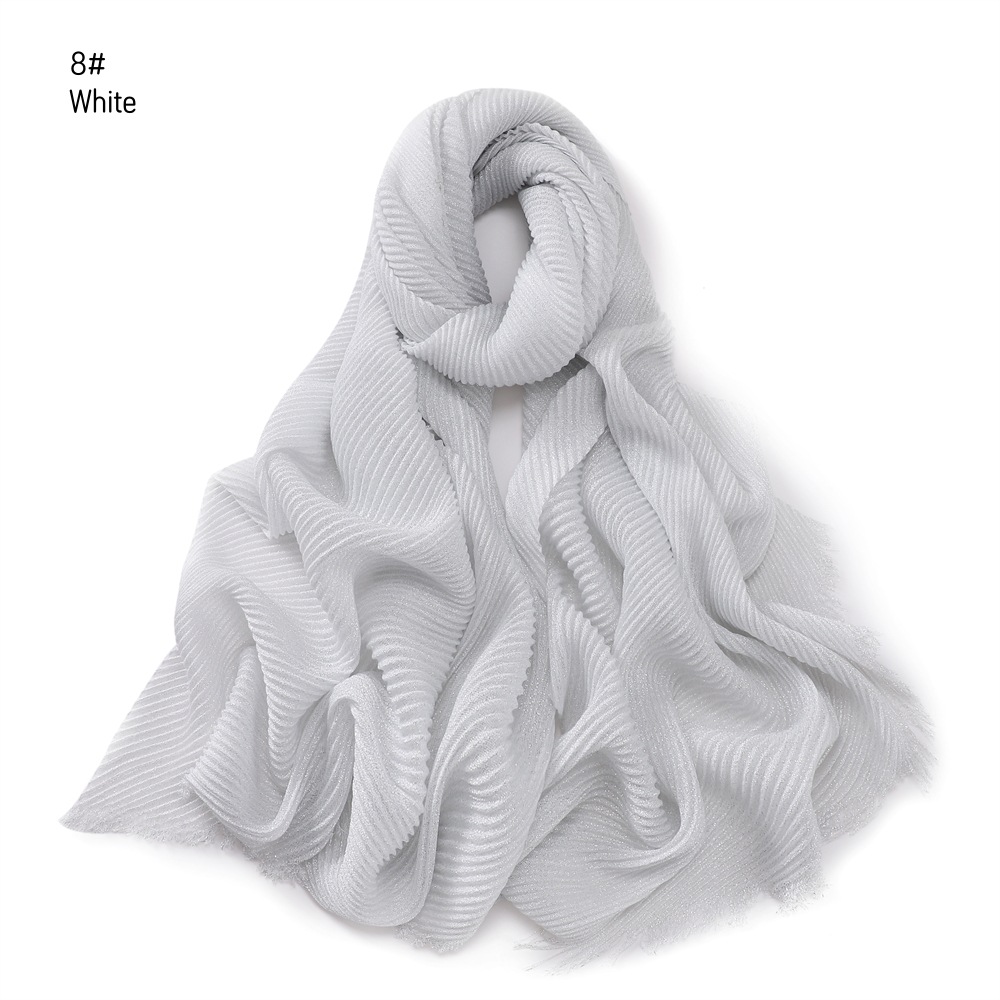 Pure Color Crimped Polyester Scarf for Women's Monochrome Two-End Short Beard Scarf Shawl
