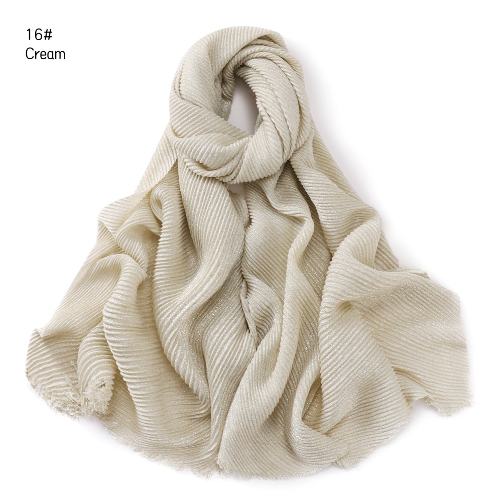 Pure Color Crimped Polyester Scarf for Women's Monochrome Two-End Short Beard Scarf Shawl