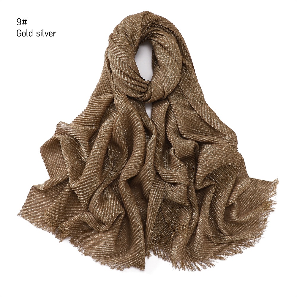 Pure Color Crimped Polyester Scarf for Women's Monochrome Two-End Short Beard Scarf Shawl