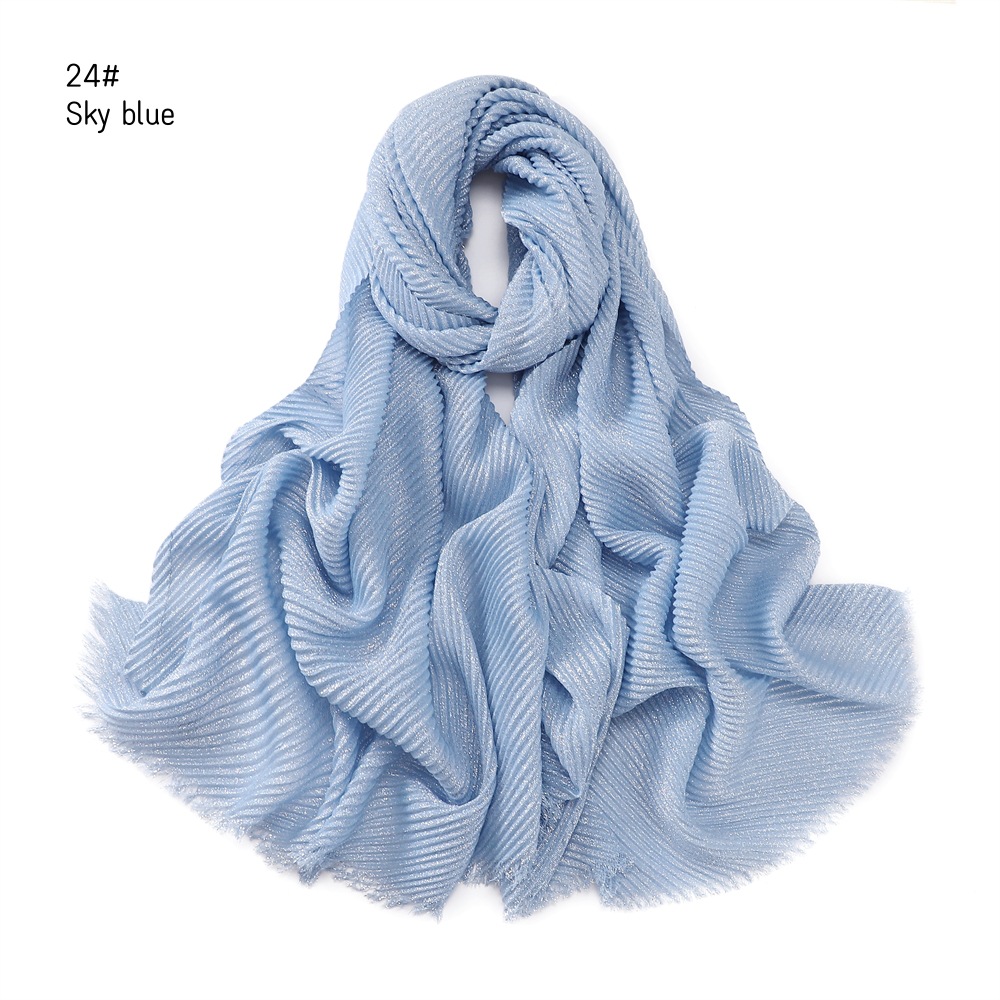 Pure Color Crimped Polyester Scarf for Women's Monochrome Two-End Short Beard Scarf Shawl