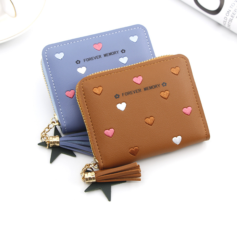 Women Small Wallet Ladies Mini Tassel Cute Girl Short Zipper Cute Embroider Pu Leather Coin Wallet Purse