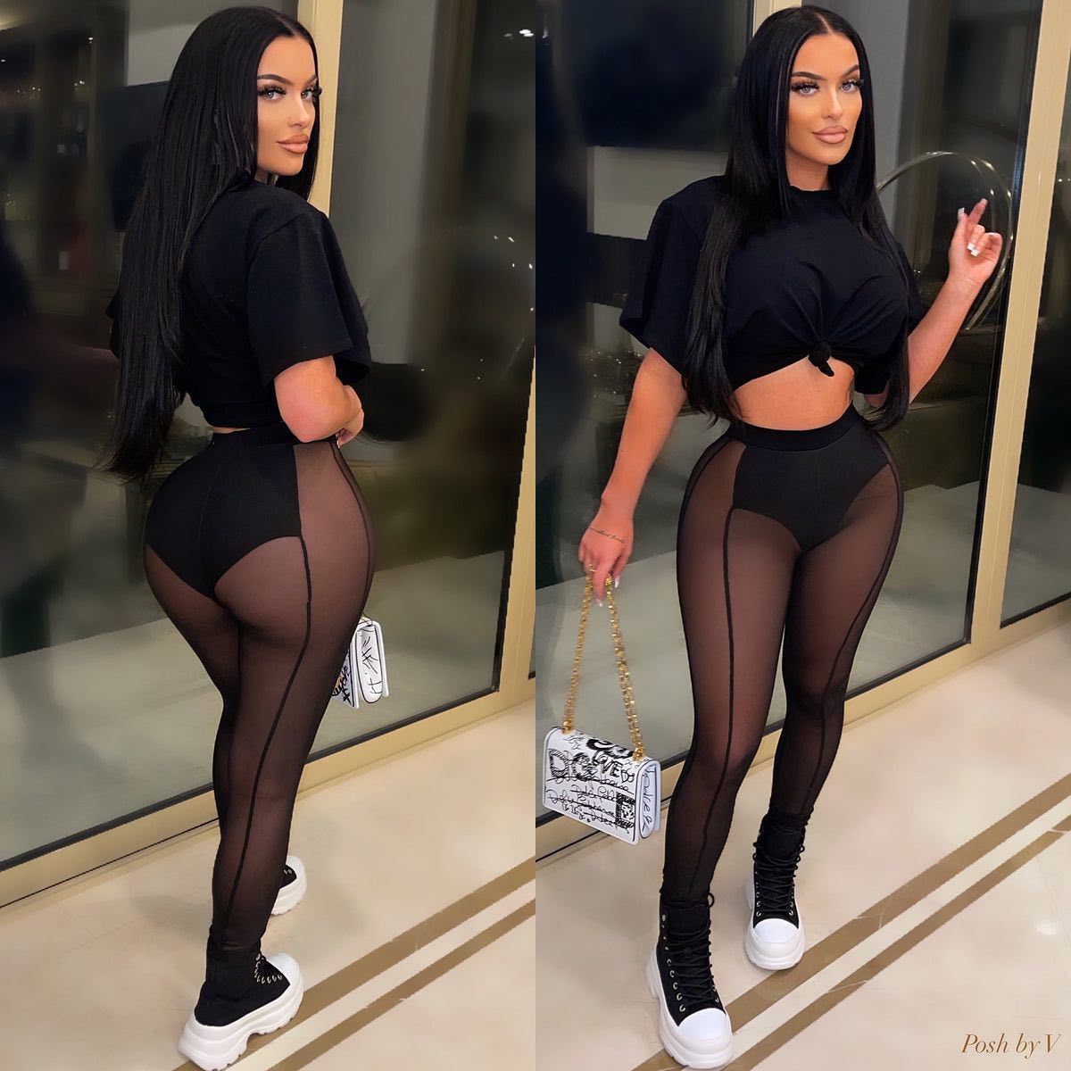 GM Solid Color T Shirt And Leggings Mesh 2 Piece Sets Summer Outfit Streetwear Plus Size Women's Sets