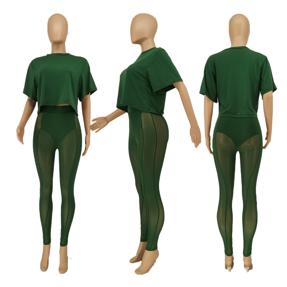 GM Solid Color T Shirt And Leggings Mesh 2 Piece Sets Summer Outfit Streetwear Plus Size Women's Sets