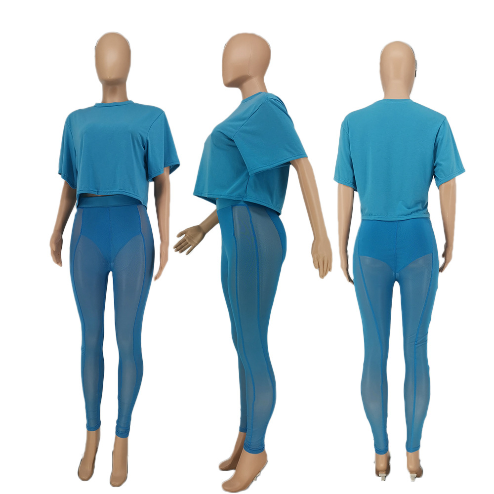 GM Solid Color T Shirt And Leggings Mesh 2 Piece Sets Summer Outfit Streetwear Plus Size Women's Sets