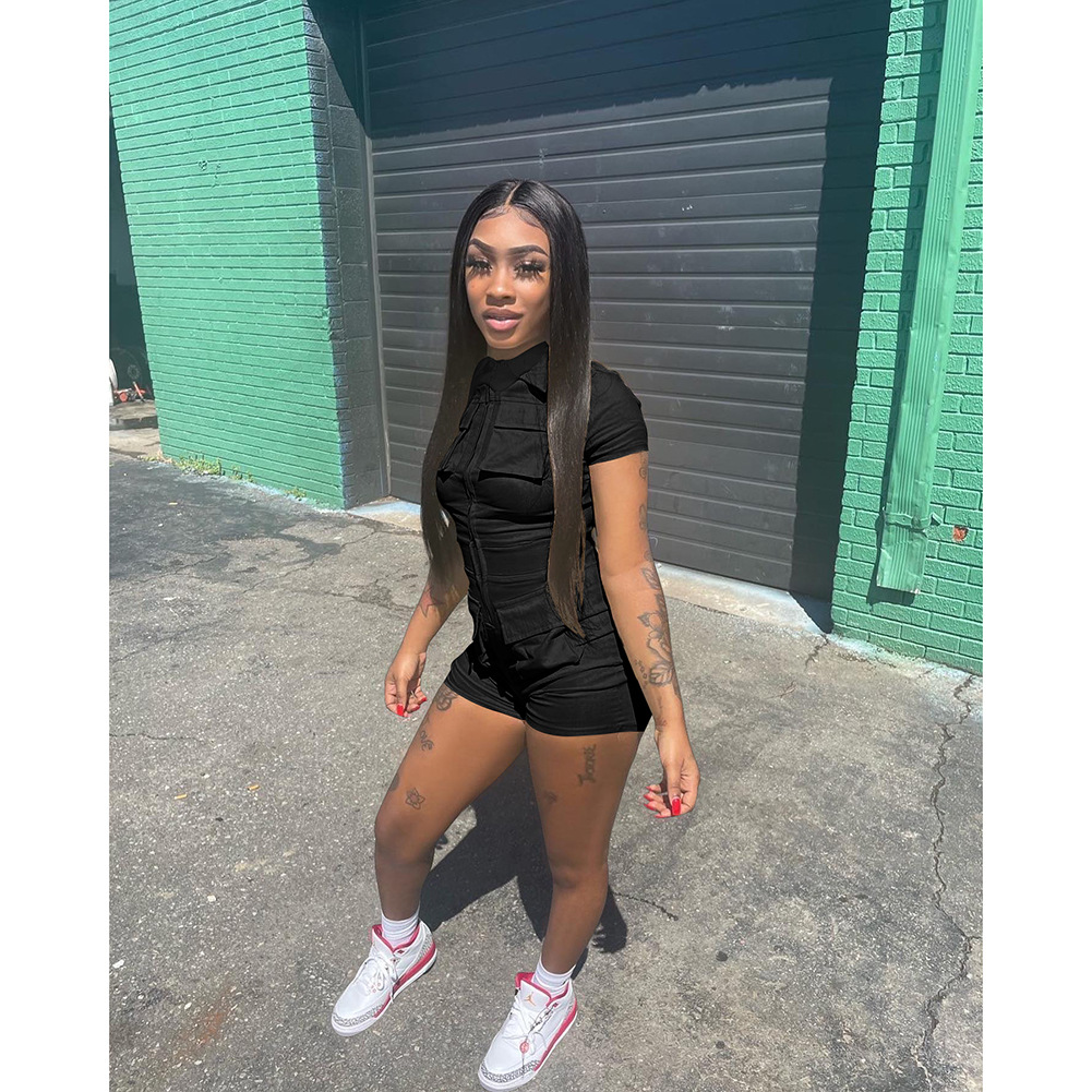 Peeqi D88166 summer bodycon sexy jumpsuits for women solid pocket turn-down collar oversize jumpsuit one piece romper wo