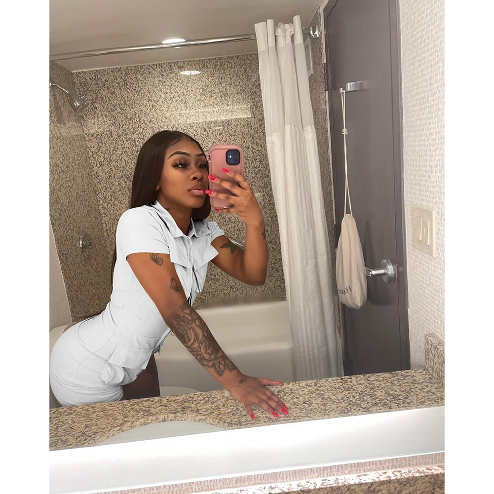 Peeqi D88166 summer bodycon sexy jumpsuits for women solid pocket turn-down collar oversize jumpsuit one piece romper wo