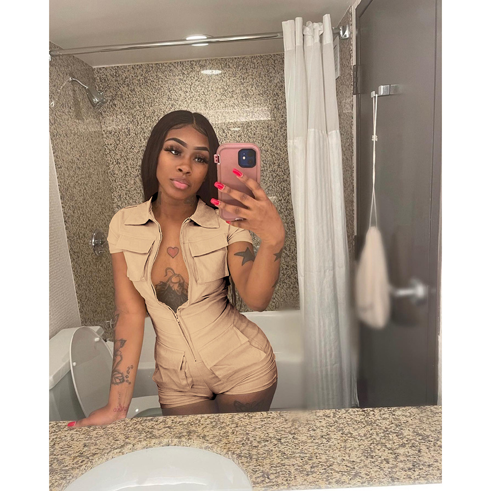 Peeqi D88166 summer bodycon sexy jumpsuits for women solid pocket turn-down collar oversize jumpsuit one piece romper wo