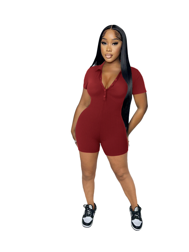QuiteS Solid Color Jumpsuit Women Plus Size Lapel Breasted Ribbed Tight Casual Gym Jumpsuit Women