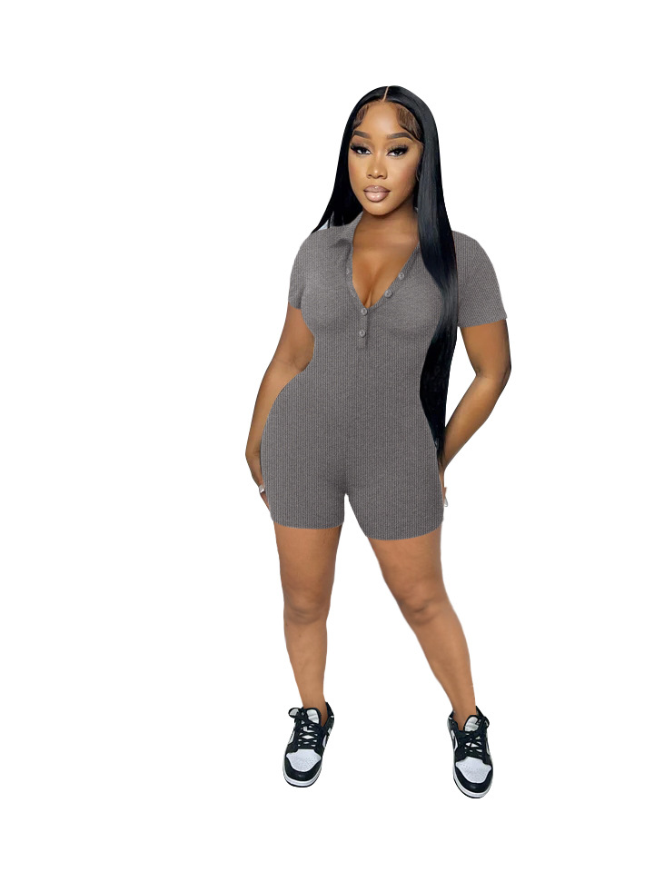 QuiteS Solid Color Jumpsuit Women Plus Size Lapel Breasted Ribbed Tight Casual Gym Jumpsuit Women