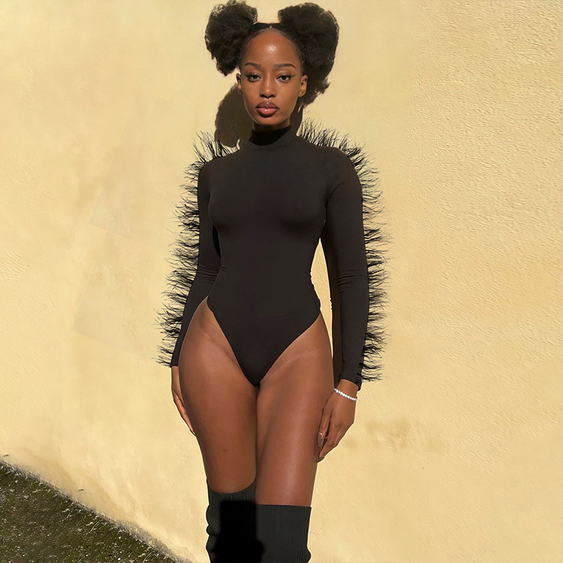 Womens Rompers Autumn Sexy Bodycon Playsuits Round Neck Long Sleeve Raw Edge Bodysuit Jumpsuit 