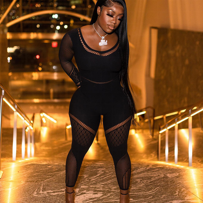 women fitness playsuits rompers bodysuits workout hollow out splicing long sleeve solid color jumpsuit