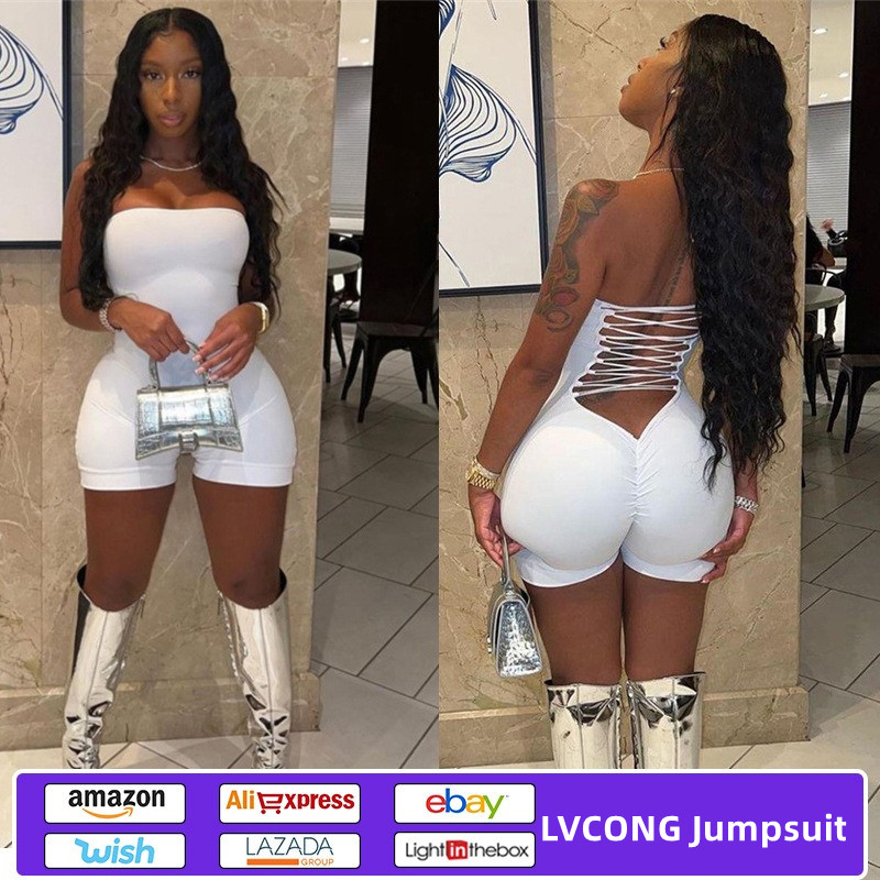 LvCong Summer 2023 pure color backless Strapless jumpsuit Sexy Bandage Bodycon playsuits hollow out bodysuits jumpsuits