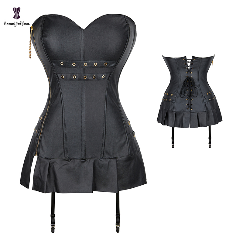 Zipper Design Fashion 10 Plastic Bone Lace Up Leather Dress Sexy Corset Style Punk Korset Women With Suspender Garter Be