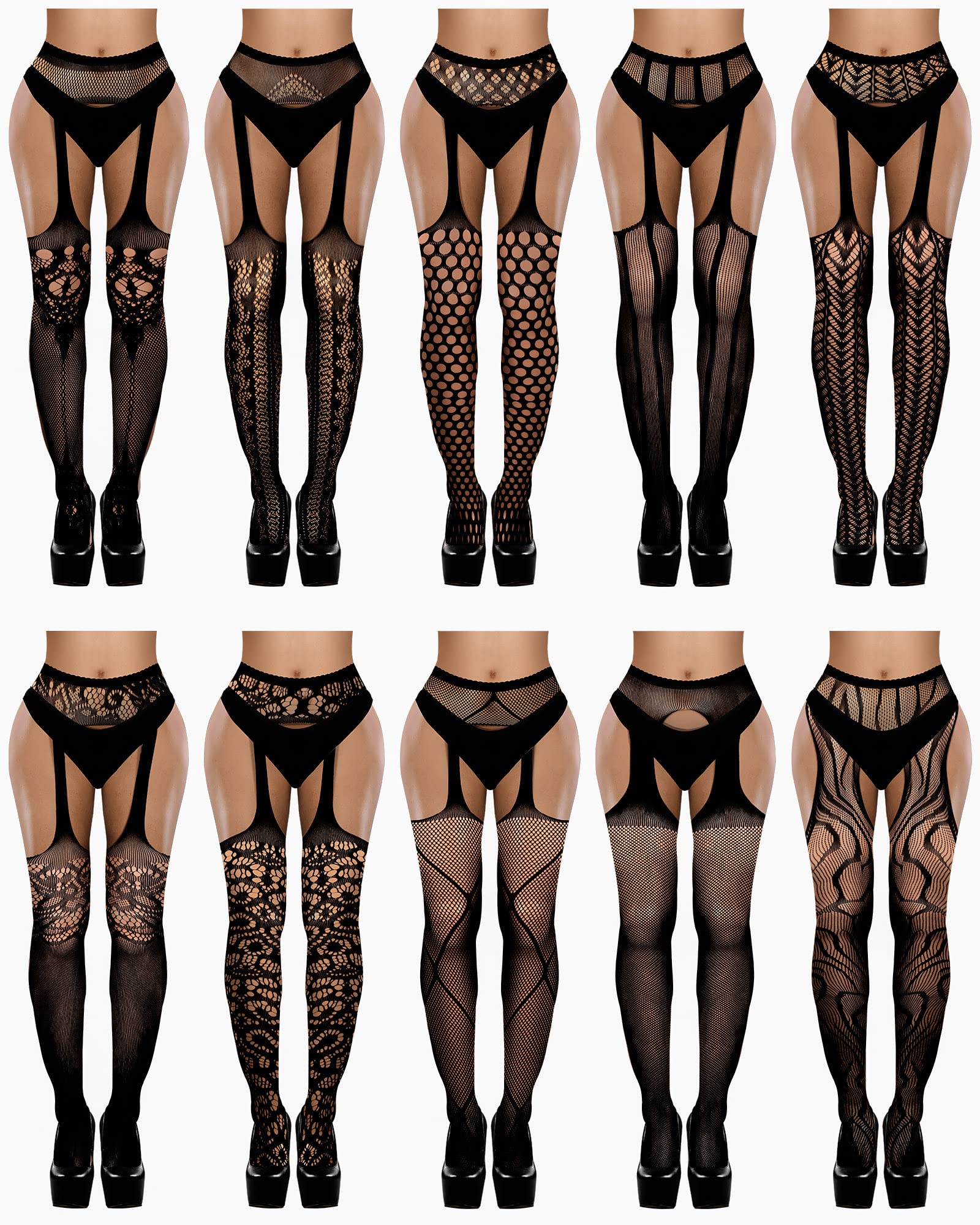 Women's High Waist Tights Suspenders Crotchless Pantyhose Thigh High Patterned Fishnet Stockings with Attached Garter Be