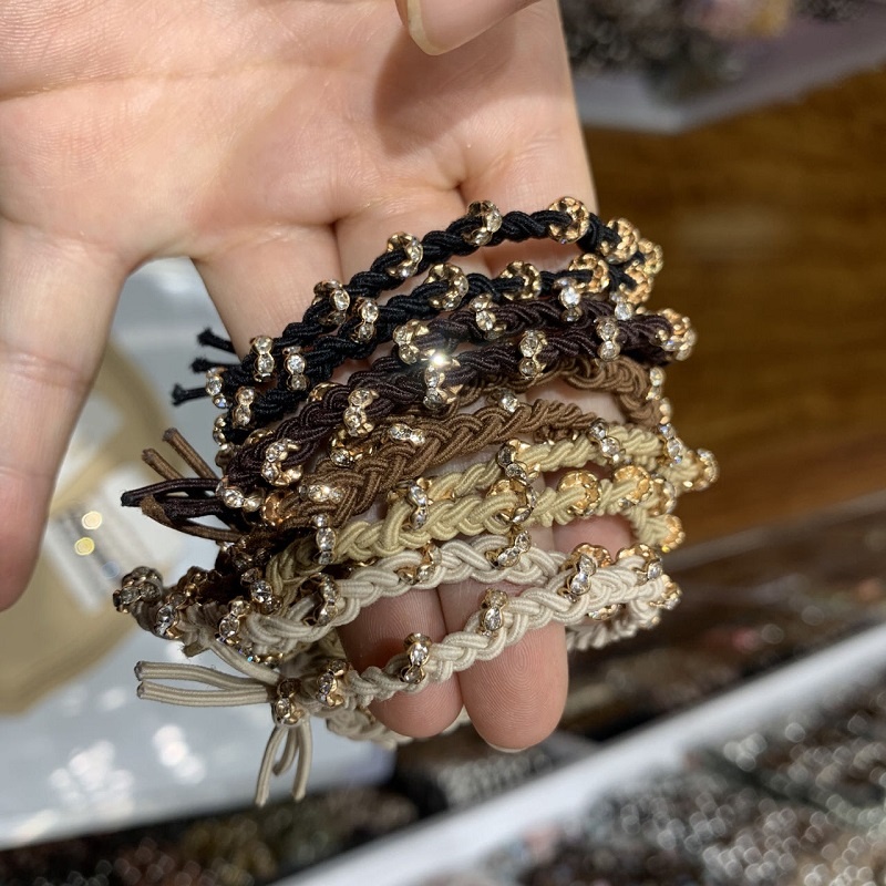  Women Rhinestone Solid Color Hair Scrunchies Scrunchie Diamond Beads Bracelet Hair Ties Braided