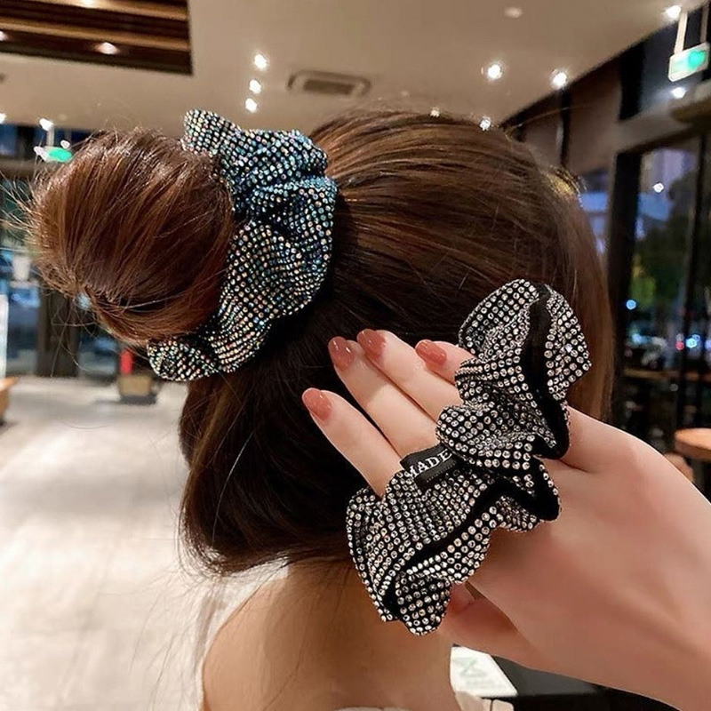 Fashion High Quality Sparkly Black Crystal Rhinestone Scrunchies Hair Tie Ponytail Holder Accessory For Women