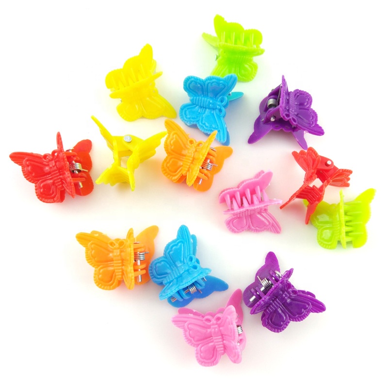 Cheap 2cm transparent plastic butterfly hair claw for girl mixed color mini hair claws for kids