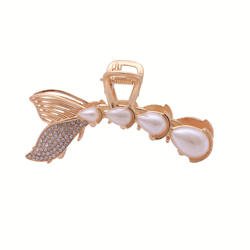 Mylulu yiwu  Fashion Designer Mermaid Fish Tail Claw Hair Clip Luxury Crystal Rhinestone Hair Claw Pearl Bobby Hair Pin 