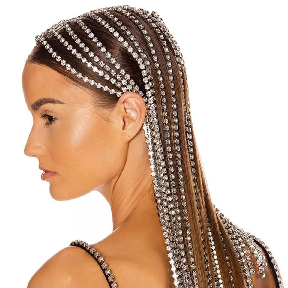 2022 New women accessories Rhinestone long tassel headpiece exaggerated hair hoop chain