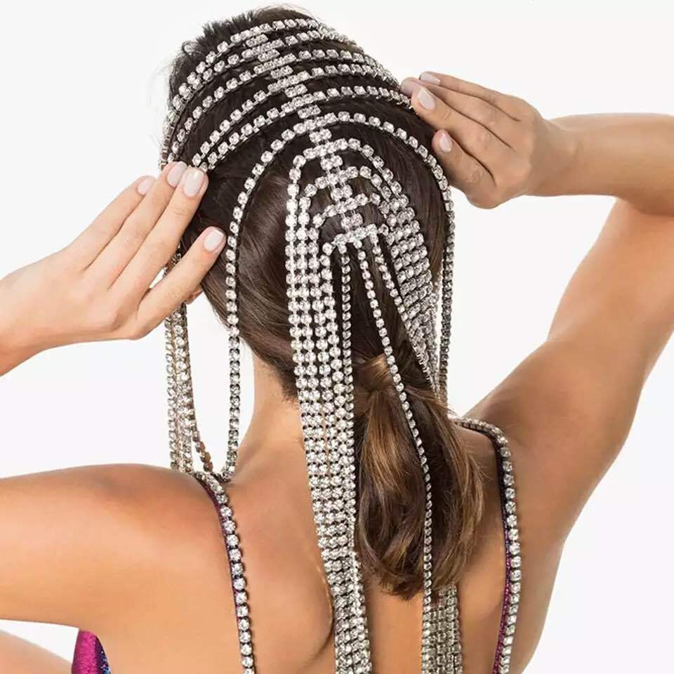 2022 New women accessories Rhinestone long tassel headpiece exaggerated hair hoop chain