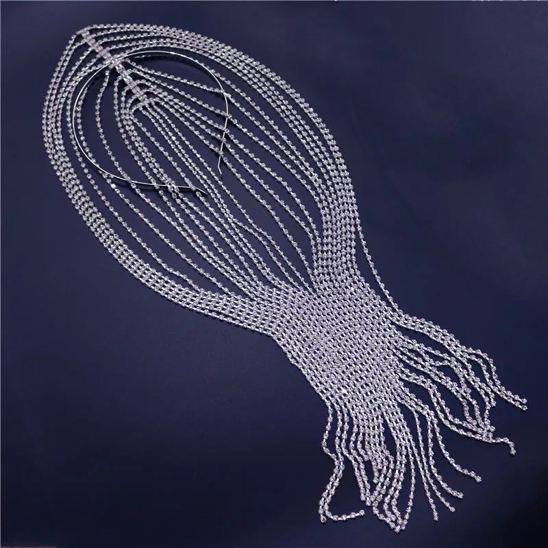 2022 New women accessories Rhinestone long tassel headpiece exaggerated hair hoop chain