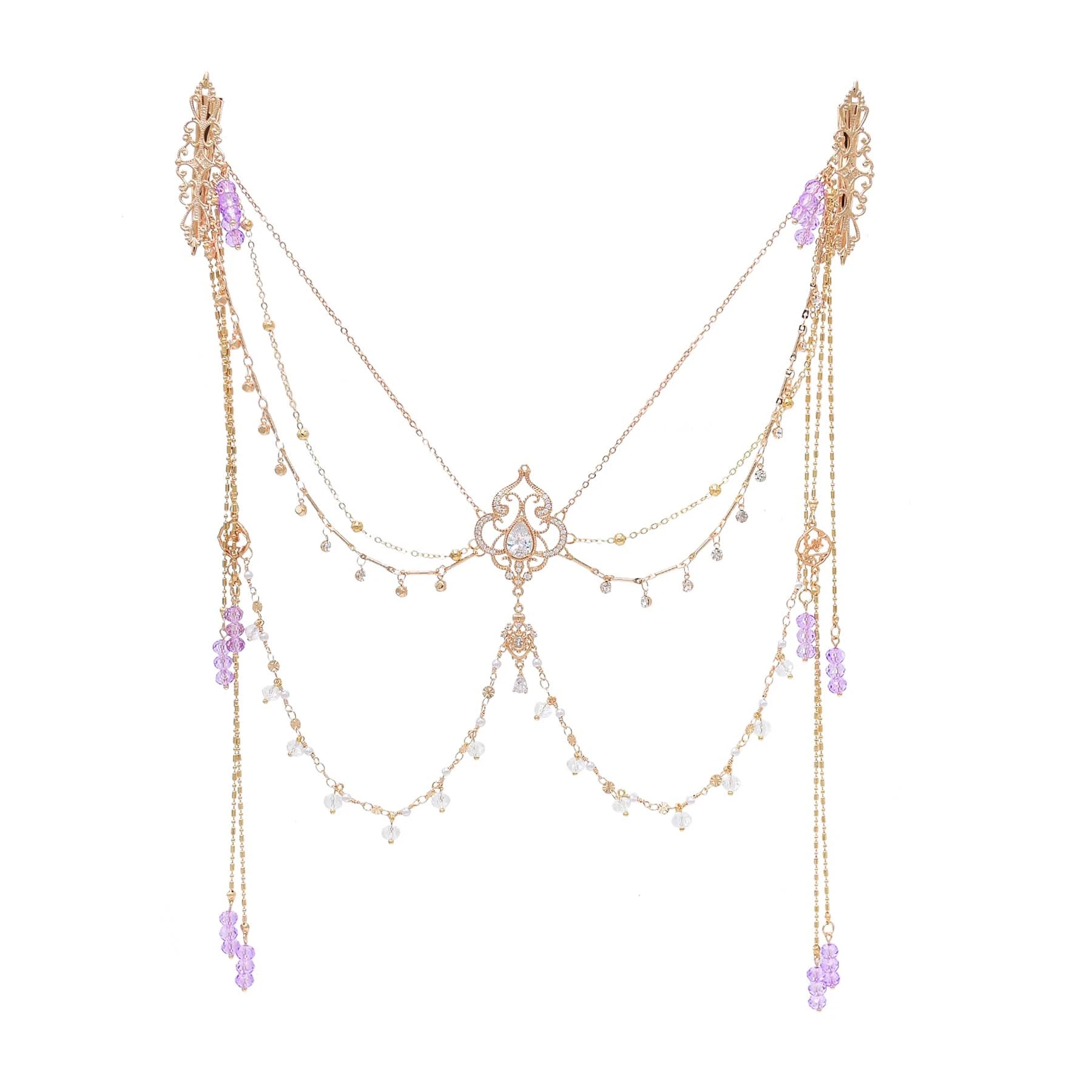 Copper Alloy Purple Crystal Beads Long Tassel Chinese Bridal Hair Accessories Zircon Headwear