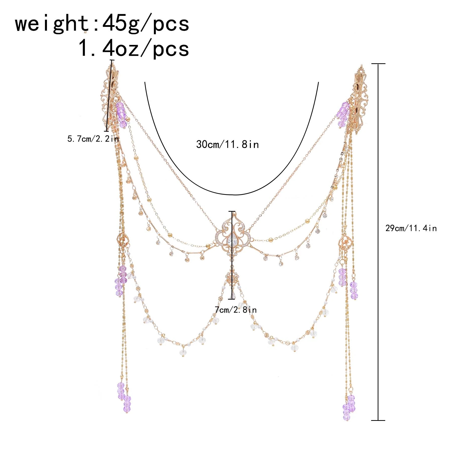 Copper Alloy Purple Crystal Beads Long Tassel Chinese Bridal Hair Accessories Zircon Headwear